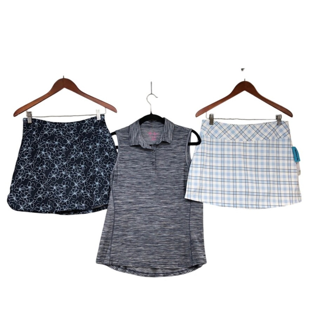 Laura Ashley Lillie Green Golf Skort Polo Set Womens Medium Blue Plaid Floral